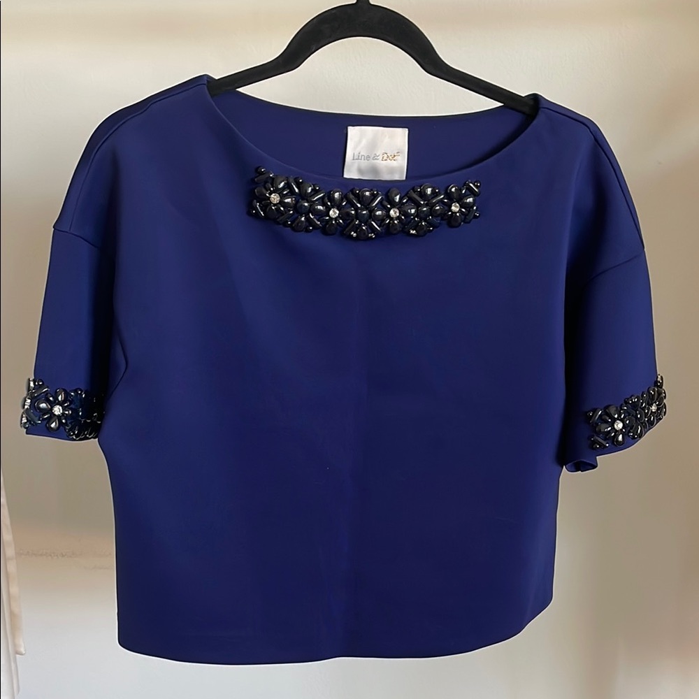 Line & Dot Blue Embellished Crop Blouse